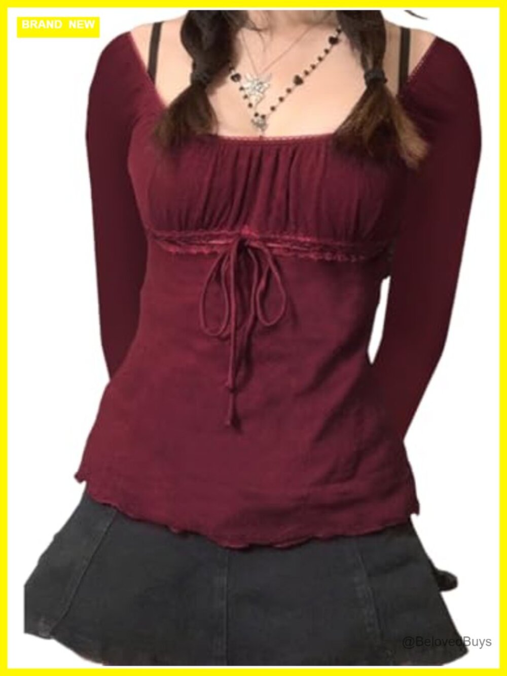 Y2K Babydoll Mesh Top Scoop Neck Ruffle Hem Long Sleeve